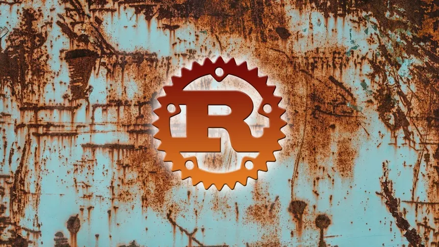 A wallpaper with Rust's logo and industrial color scheme
